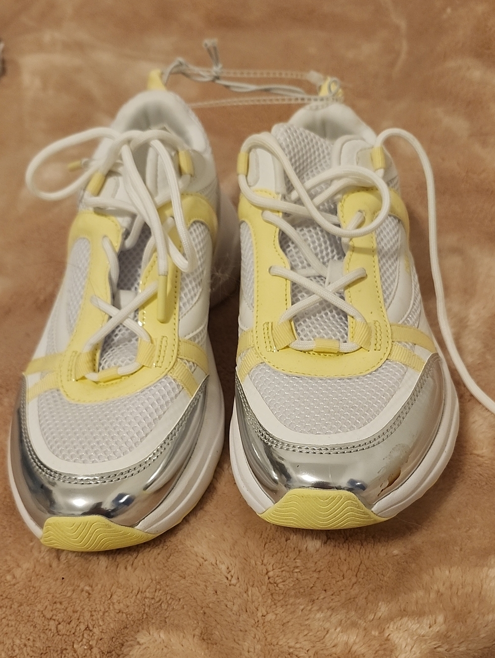 White & Yellow Mesh Sneakers with Silver Toe Caps